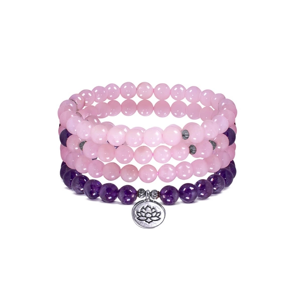 Pulsera Mala con amatista y cuarzo rosa – Lotus Flower