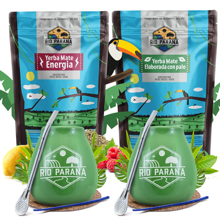 Yerba Mate Rio Parana Set PARA DOS Calabaza Bombilla 1000g