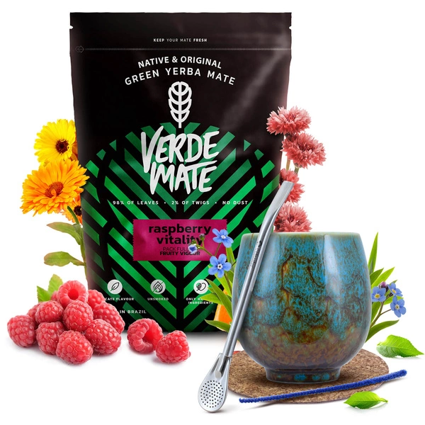 Juego de Yerba Mate Verde Mate Raspberry 500g Calabaza + Bombilla